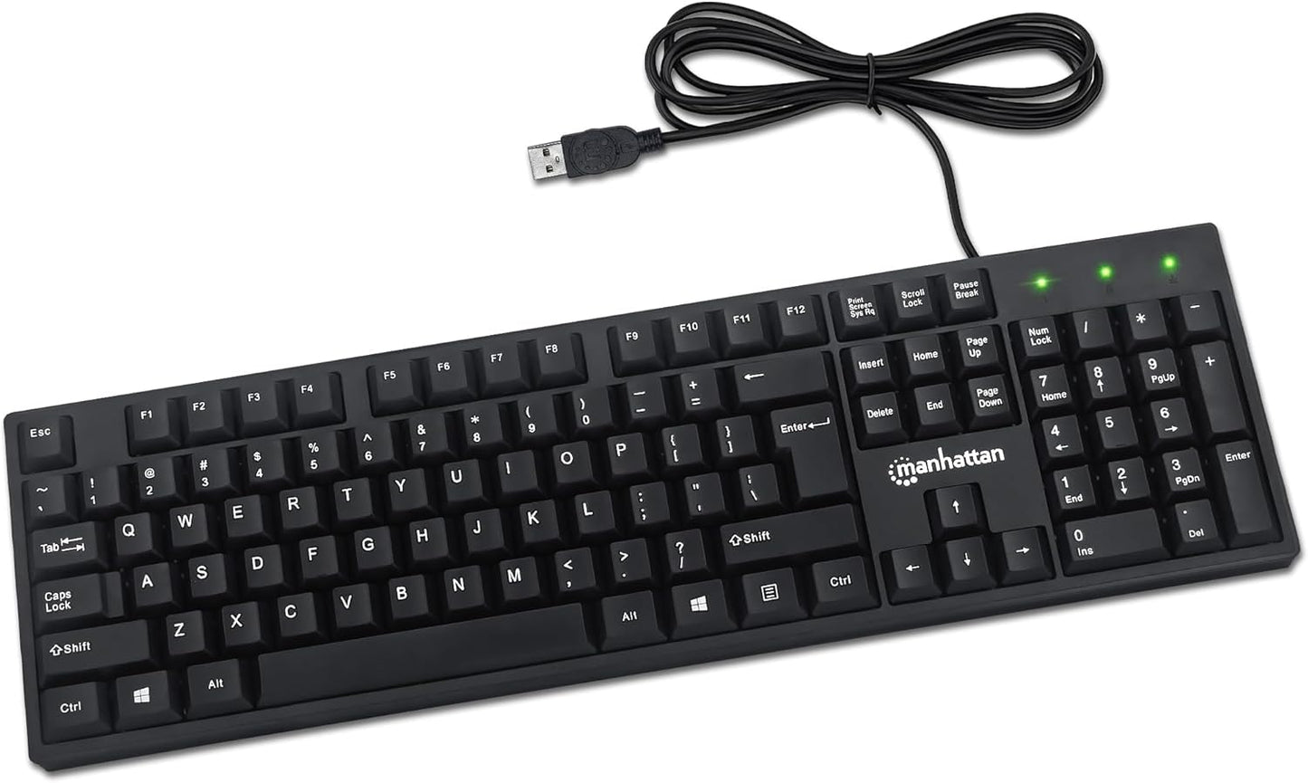 Manhattan Wired Computer Keyboard – Basic Black Keyboard - with 4.5ft USB-A Cable, 104-keys, Foldable Stands - Compatible for Windows, PC, Laptop - 3 Yr Mfg Warranty – 179324