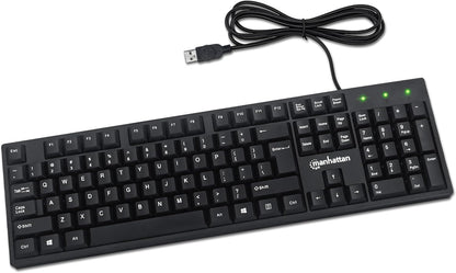 Manhattan Wired Computer Keyboard – Basic Black Keyboard - with 4.5ft USB-A Cable, 104-keys, Foldable Stands - Compatible for Windows, PC, Laptop - 3 Yr Mfg Warranty – 179324
