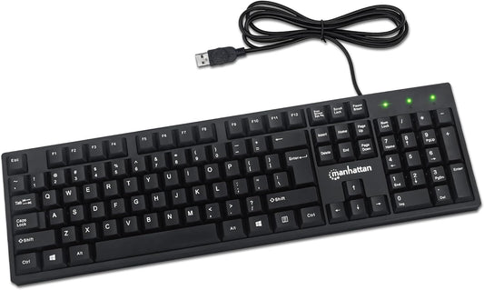 Manhattan Wired Computer Keyboard – Basic Black Keyboard - with 4.5ft USB-A Cable, 104-keys, Foldable Stands - Compatible for Windows, PC, Laptop - 3 Yr Mfg Warranty – 179324