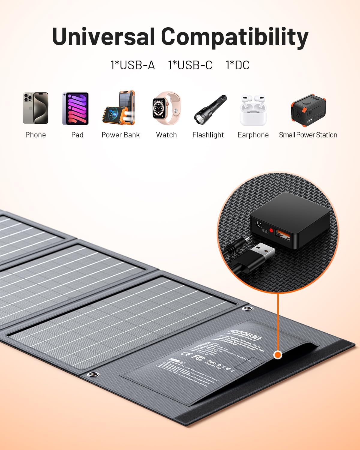 GOODaaa 30W Portable Solar Panel with Three Outputs, USB QC 3.0 Fast Charging Foldable Solar Charger, IP65 Waterproof Panels for Outdoor, Dual USB & One DC Charger for Phones, Tablet, Power Station