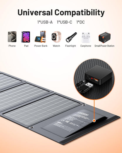 GOODaaa 30W Portable Solar Panel with Three Outputs, USB QC 3.0 Fast Charging Foldable Solar Charger, IP65 Waterproof Panels for Outdoor, Dual USB & One DC Charger for Phones, Tablet, Power Station