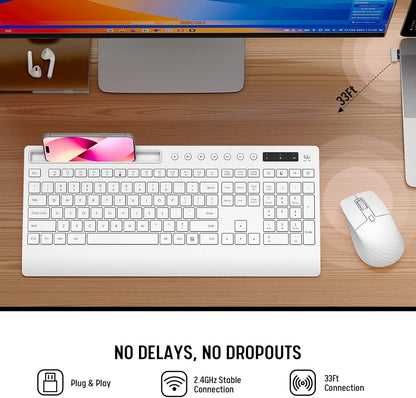White Wireless Keyboard and Mouse Combo - Full-Size Quiet Keyboards with Palm Rest, Phone Holder, Multimedia Keys, Batteries Included, Office Key Board Compatible with Windows, PC, Laptop - Trueque