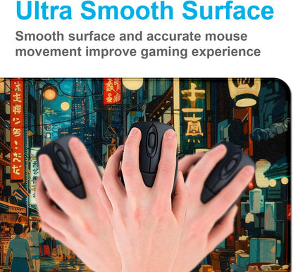 Cute Japanese Street Desk Mat, Anime Tokyo Street Night Scene Large Mouse Mat XXL, Computer Desk Mat 35.4 x 15.7 x 0.12 Inches