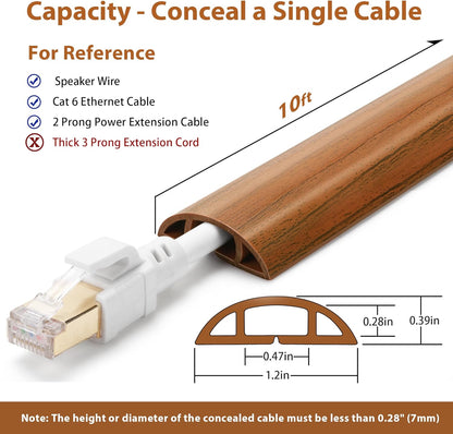 Floor Cord Cover 10ft, Cord Hider Floor Brown Walnut Wood, Floor Cable Management Prevent Cable Trips, Floor Cable Cover Wire Covers for Power Cords, Cord Protector Cord Cavity W0.47in H0.28in