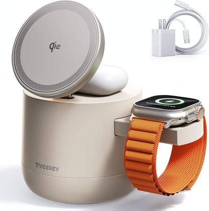 MFI Certified by Apple, 4 in 1 Magsafe Wireless Charging Station, Qi2 15W Magsafe Charger for iPhone 17/16/15/14/13/12 Series, iWatch, Airpods, iPad, 65W Charger Included (Sand, 3 in 1)