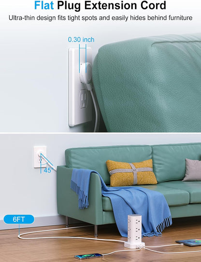 Power Strip Tower with Wireless Charger, Flat Plug Surge Protector Tower with 6FT Extension Cord, 12 AC Multiple Outlets, 4 USB (2 USB C),15W Wireless Charging Power Tower for Home Office Dorm, White