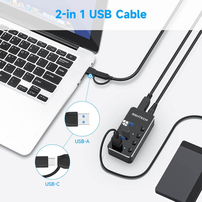 USB 3.0 Hub RSHTECH 4 Port Powered USB 3.0/USB C Hub Upgraded Version with 2-in-1 3.3ft USB Cable,5V Power Adapter and Individual Switches, Portable Aluminum USB Splitter for Laptop and PC, RSH-ST04