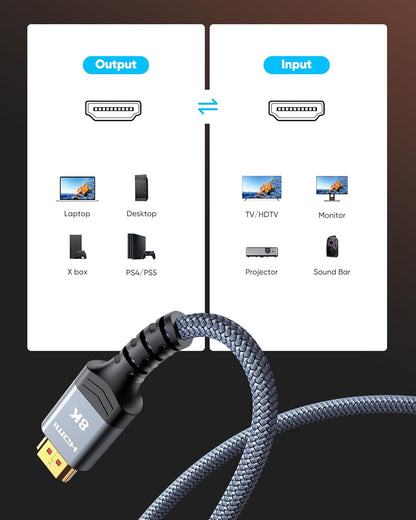 Highwings 8K 10K 4K HDMI Cable 48Gbps 6.6FT/2M, Certified Ultra High Speed HDMI Cable Braided Cord-4K@120Hz 8K@60Hz, DTS:X, HDCP 2.2 & 2.3, HDR 10 Compatible with Roku TV/PS5/HDTV/Blu-ray