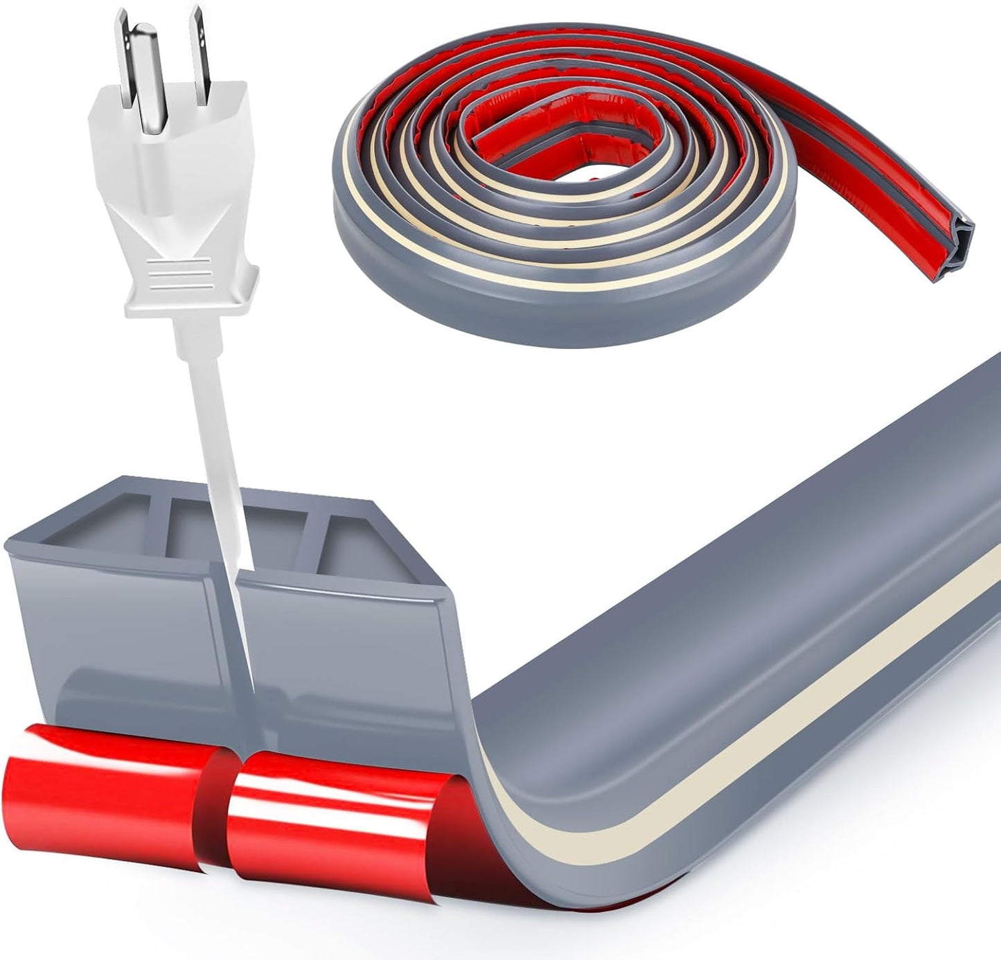 10ft Large Grey Floor Cord Cover, Self-2" (W) x 0.6"(H), Cable Cavity:0.8"(W) x 0.4"(H), Adhesive Power Cable Protector, Silicone Cord Protector, Cord Management, Cord Concealer and Cable Hider