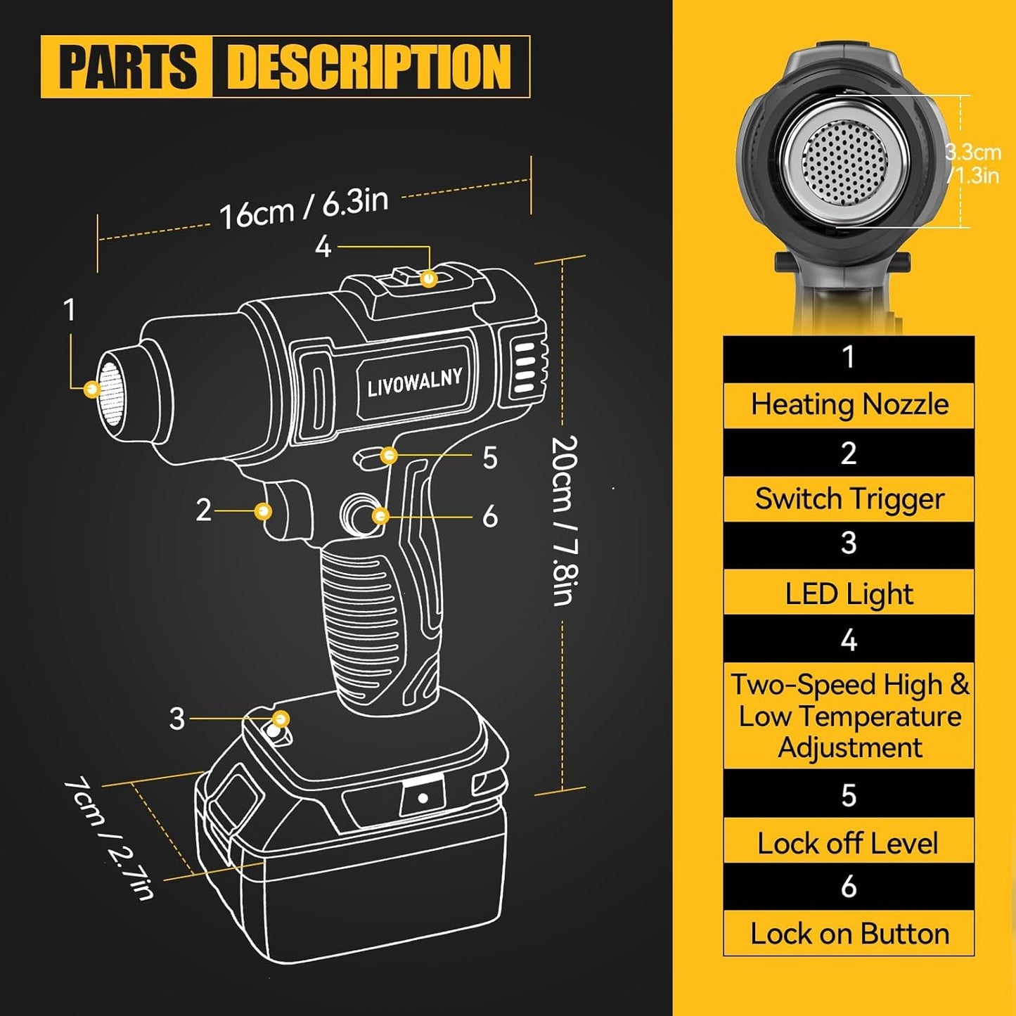 LIVOWALNY Cordless Heat Gun Compatible with Dewalt 20v Battery, 350W Fast Heating Soldering Hot Air Gun 122℉-1022℉ Variable Temperature Control with 5 Nozzles for DIY Craft, Shrink Tubing (No Battery)