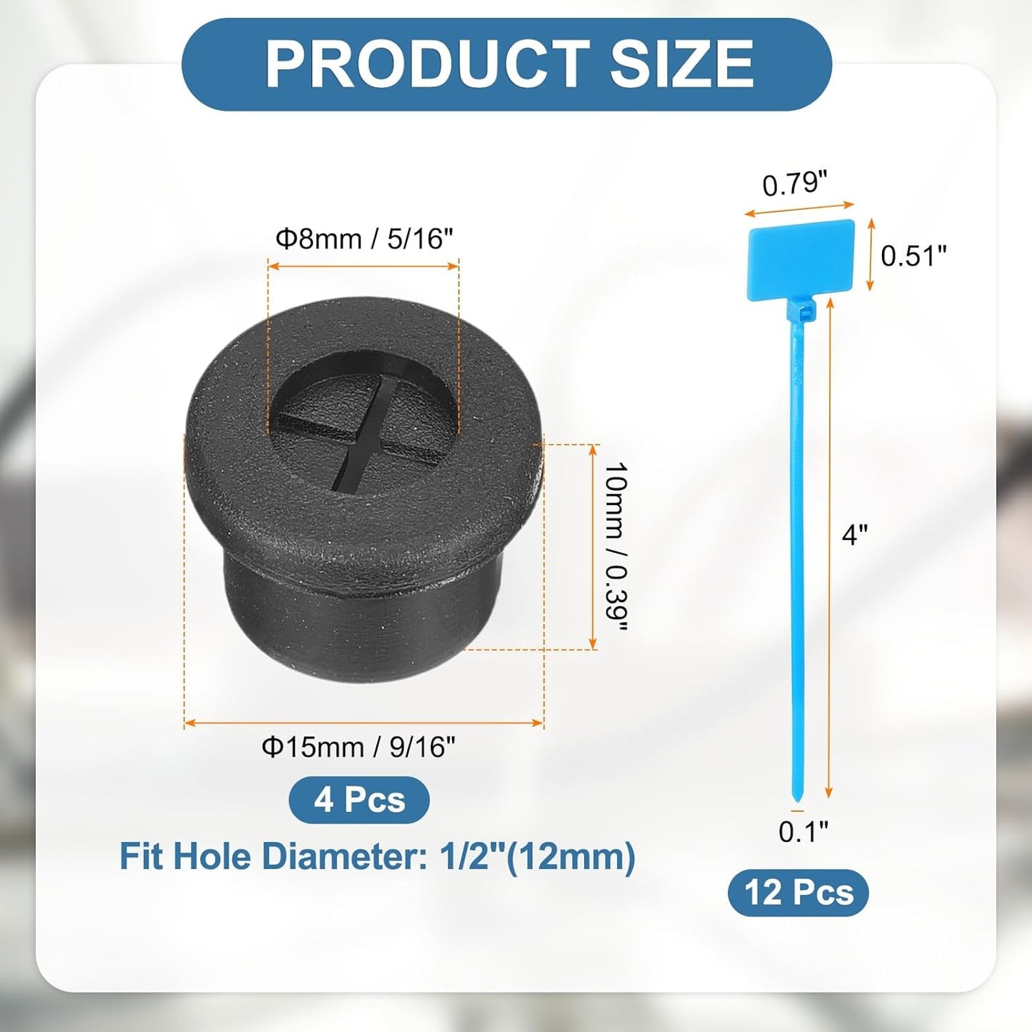uxcell 4Pcs Cable Cord Grommet, 1/2"(12mm) Rubber Desk Grommets Wire Pass Through Hole Cover with Marked Cable Ties for Home Office Cable Wire Protection, Black