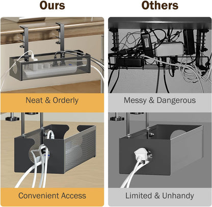 DELAMU Under Desk Cable Management Tray, No Drill Metal Mesh Cable Management Under Desk with F-Clamp Mount & 2 Open Holes, Cord Organizer for Home Office, 1 Pack, Black