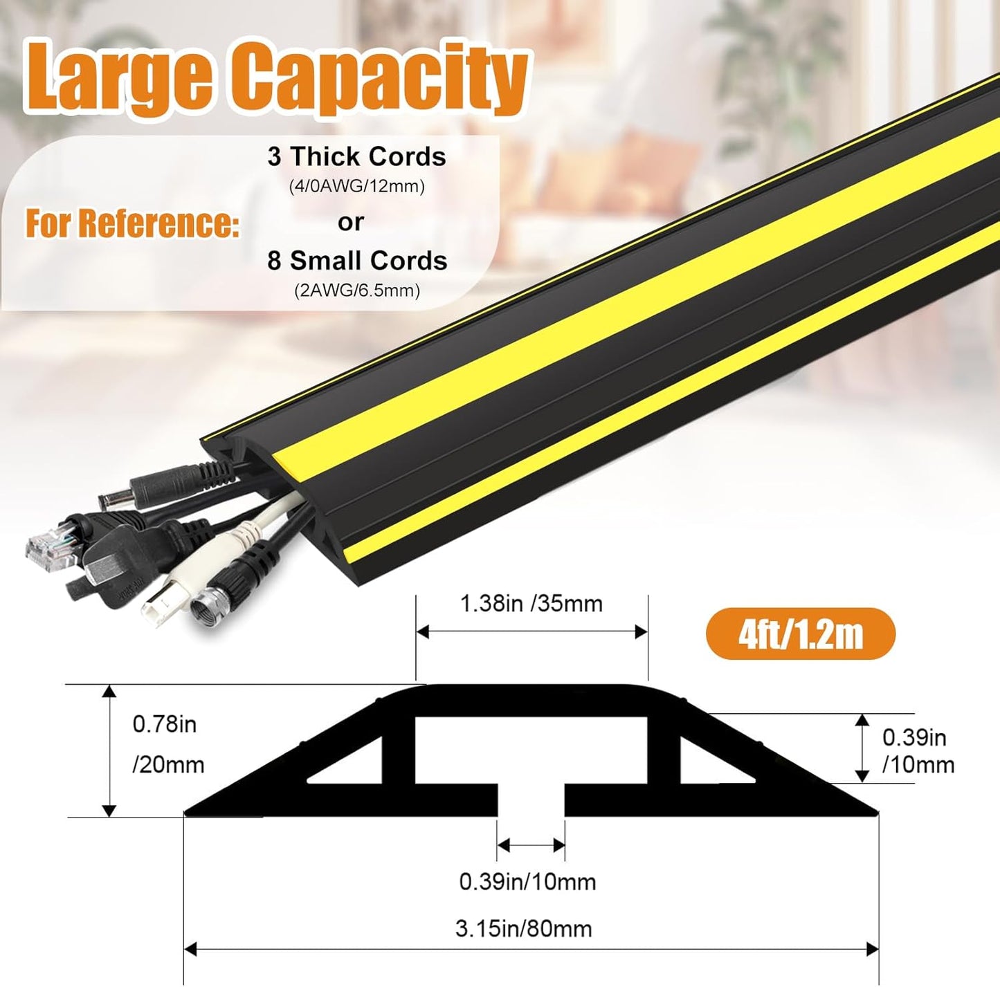 4 ft Cord Covers for Wires on Floor, Heavy Duty PVC Duct Floor Cord Cover, Floor Cable Cover Easy to Unroll Prevent Trip Hazard for Home Office or Outdoor Settings