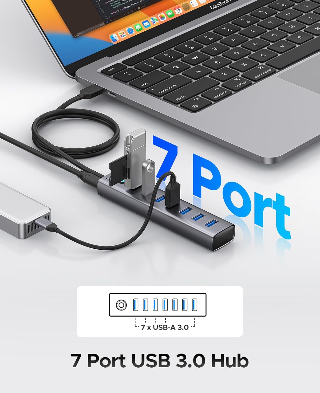 ORICO Aluminum 7-Port USB Hub with 3.28Ft Cable, Multiple USB 3.0 Hub, 5Gbps Data Transfer, 5V 3A Type-C Port, UBS-A Splitter for PC, Laptop, Desktop