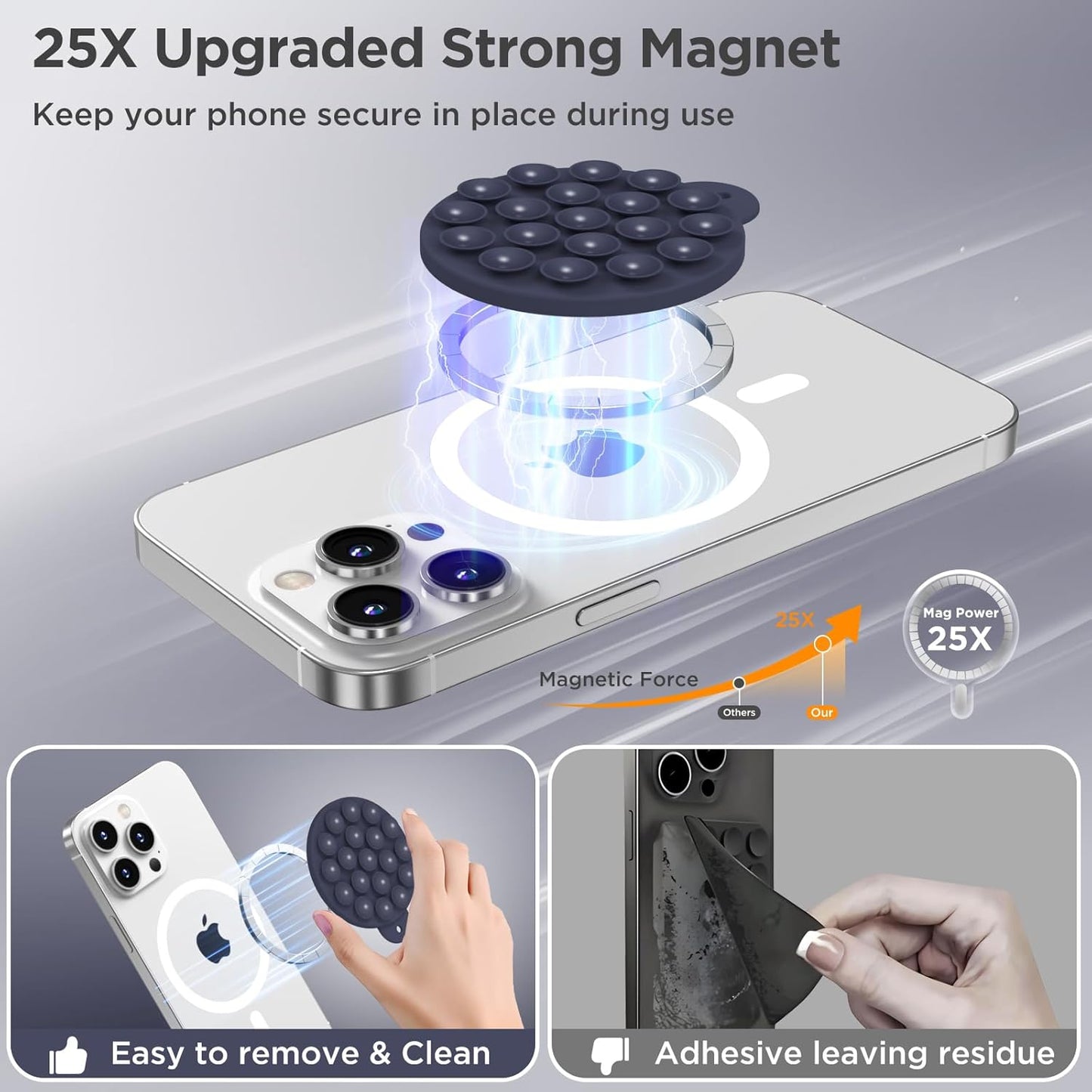 Magnetic Suction Cup Phone Mount for MagSafe Case, Silicone Hands-Free Grip Holder for iPhone and Android, Mirror Shower Phone Stand for Makeup FaceTime Gym Kitchen Bathroom, Midnight Blue