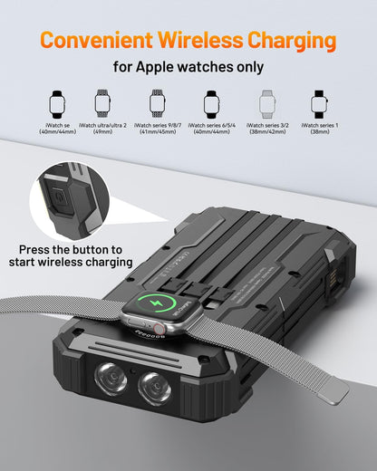 GOODaaa Solar Power Bank, 42800mAh Portable Charger 20W Fast Charging External Battery Pack Built in 4 Cables, Wireless Charging Power Bank for Apple Watches with Flashlight, Carabiner,Thermometer