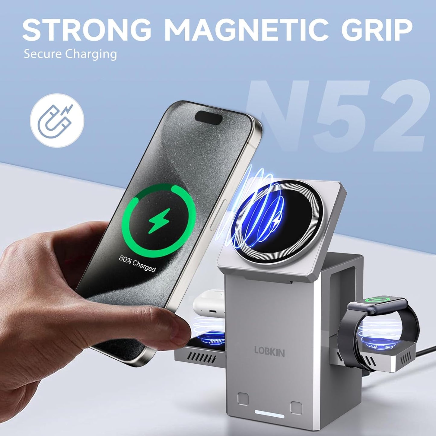 LOBKIN 3 in 1 Charging Station, Qi2 15W Foldable Intelligent Fast Wireless Charging Station,MagSafe Charger Stand for iPhone 16/15/14/13, Airpods, Apple Watch
