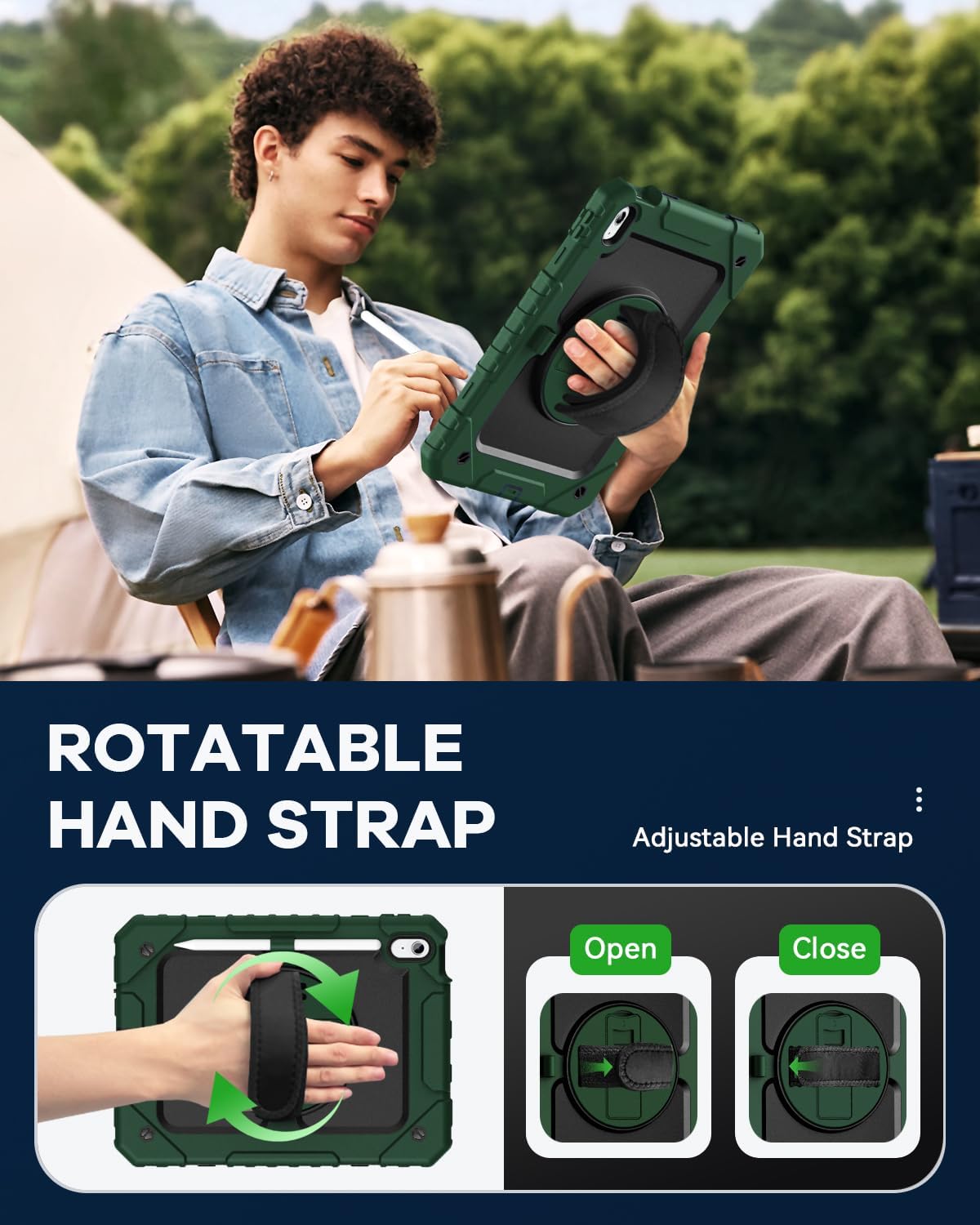 Cantis Case for iPad 11-inch (A16) 2025/ iPad 10th Generation 2022 (10.9 inch) with Screen Protector, iPad 11th Case with 360 Degree Rotating Stand/Shoulder Strap/Pencil Holder, Alpine Green