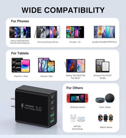 [2-Pack] USB C Wall Charger, 50W Type C Charger Block 5-Port Fast Charging Blocks,3USB C+2USB A Multiport Plug,PD Power Adapter Brick Cube for iPhone 16/15/14/13/12/Pro,iPad,Samsung,for Switch（Black）