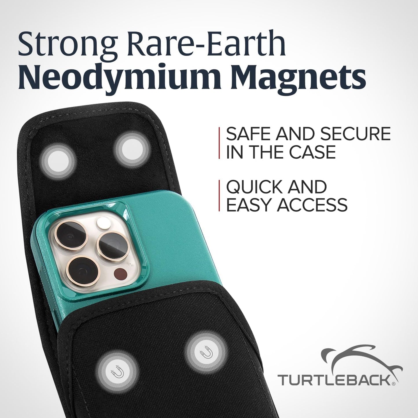 Turtleback Belt Clip for iPhone 16 Pro, 16e, 15 pro 14 Pro 13 Pro -Medium- Fits w/Shockproof Commuter Style Cases - Premium Black Nylon, Vertical Belt Holder, Magnetic Closure, HD Rotating Clip