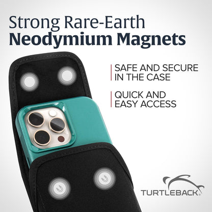 Turtleback Belt Clip for iPhone 16 Pro, 16e, 15 pro 14 Pro 13 Pro -Medium- Fits w/Shockproof Commuter Style Cases - Premium Black Nylon, Vertical Belt Holder, Magnetic Closure, HD Rotating Clip