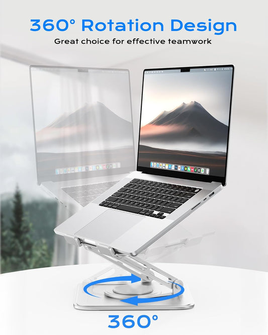 Adjustable Laptop Stand, Computer Stand with 360 Rotating Base, Ergonomic Laptop Riser Mount for Desk Foldable Protable Computer Desk Fits with MacBook Pro Air (10-16") - White