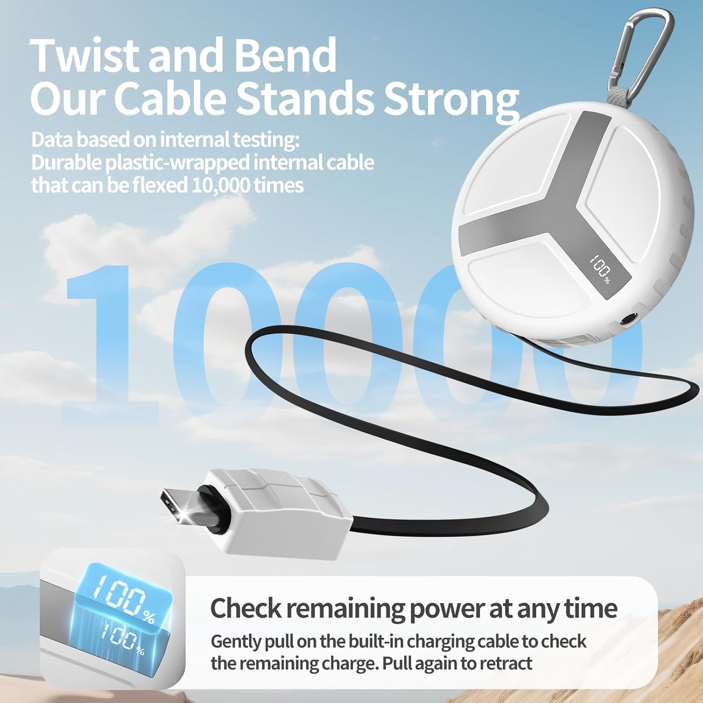 Vivilumens Rugged Power Bank Outdoor Charger 10000mAh USB-C Fast Charging Cable Retractable 25.5 inch Carabiner Wearable Smart Display & Flashlight Battery Pack for Hiking, Camping, Backpacking(White)