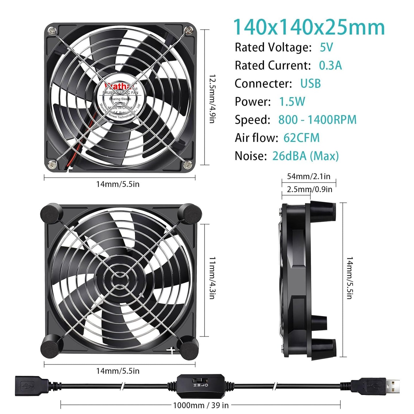 Wathai 140mm x 25mm USB Cooliing Fan 5V with Speed Control for Computer Case Receiver DVR PlayStation Xbox PS4 Router Cabinet Cooling