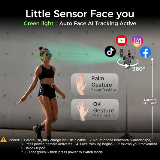Auto Face Tracking Tripod & 360° Rotating Selfie Stick with Light, Smart AI Motion Sensor, Facial Recognition, 1-Axis Gimbal Stabilizer Phone Holder for iPhone/Android, TikTok Video Recording/Vlog