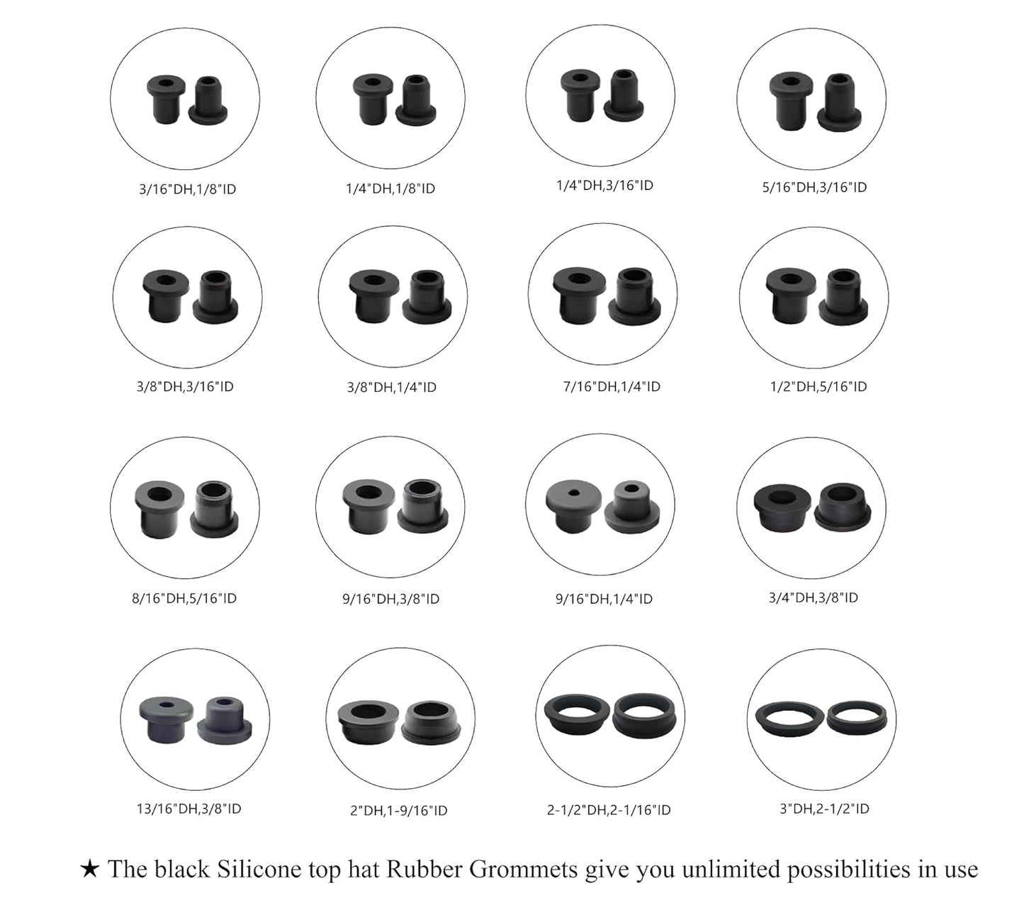 20 pcs 3/8" Drill Hole，1/4" ID Black Silicone Top hat Rubber Grommets for Wiring，Automotive，Firewall，Hole Plug，Desk，Screw，Water and Gas Pipe，Drain，House Siding，Cable Bushing，Glass，Wire Plug