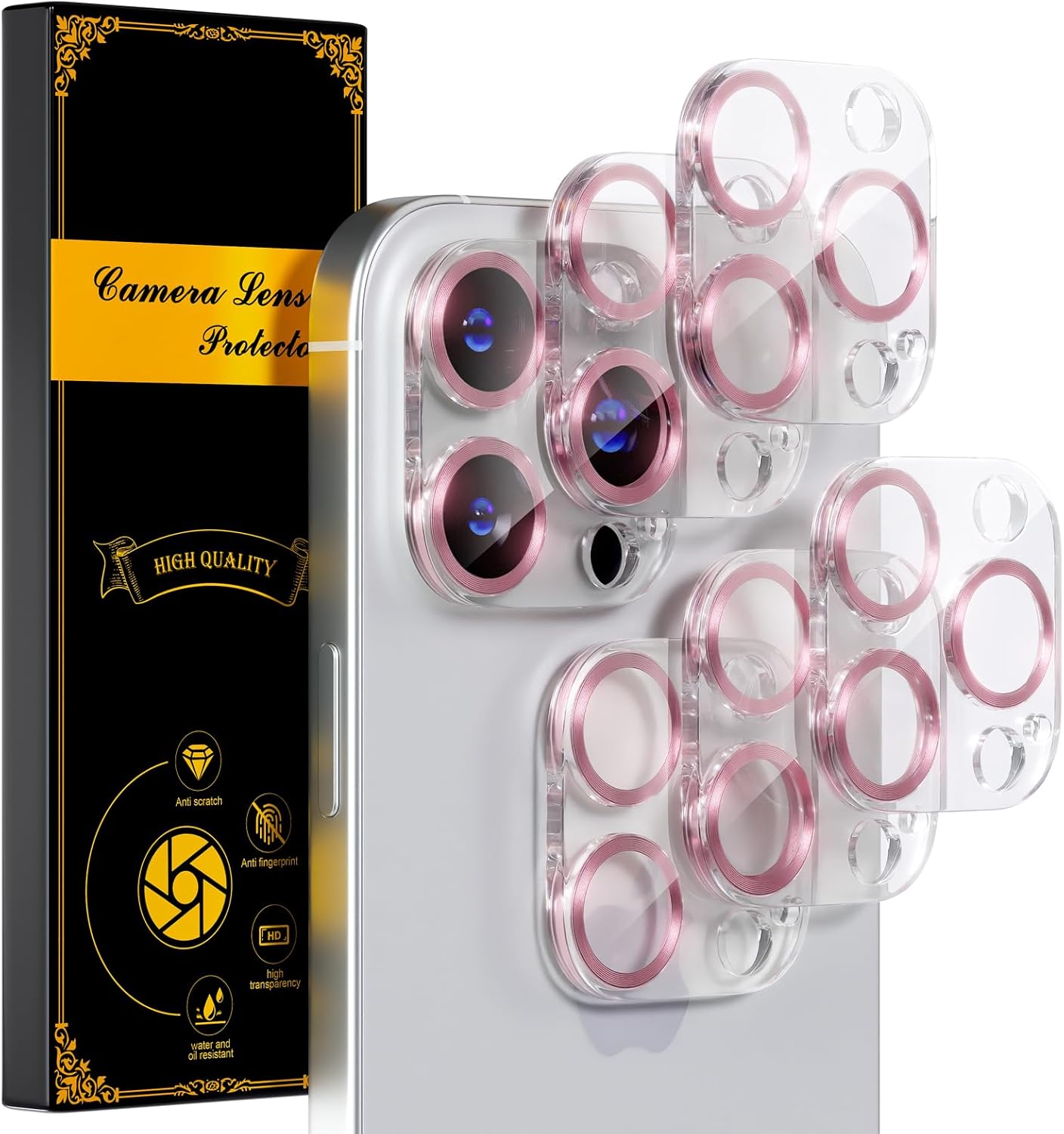 beuxece for 6 Pack iPhone 15 Pro/iPhone 15 Pro Max Camera Lens Protector [Drop Protection] [Case Friendly] [Easy Installation] 9H Tempered Glass Camera Screen Protector Cover, CD Pink