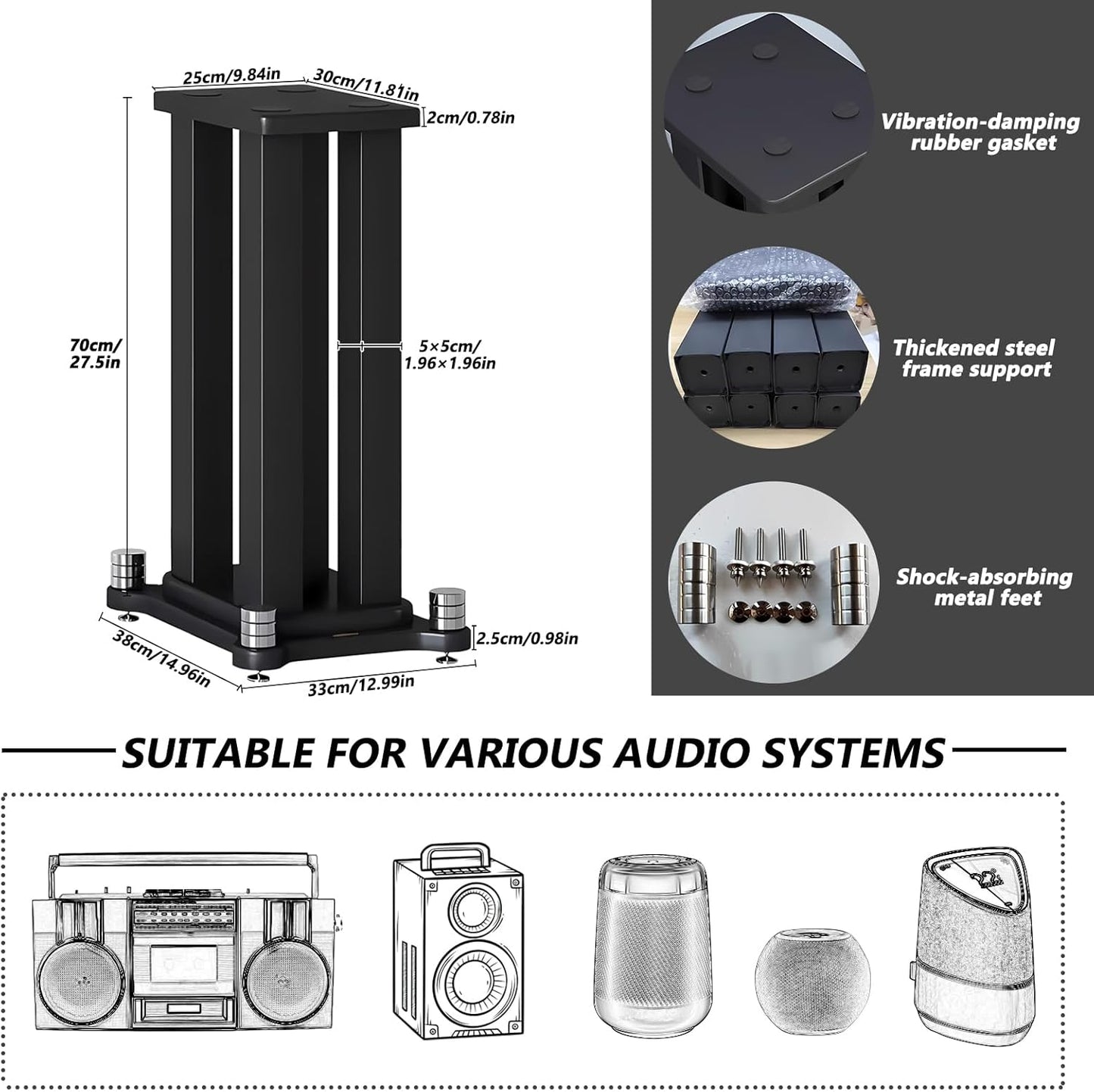 A Pair of Speaker Stands, Bookshelf Speaker Stand Steel Frame Support for Speakers up to 40 kg, Vibration-Absorbing MDF Design, Universal Speaker Stand Improves Sound Quality (60cm/23.6in)