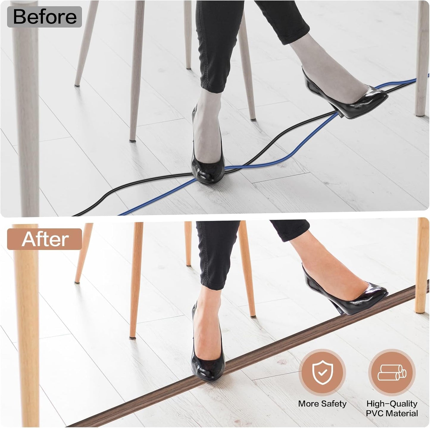 Floor Cord Cover Self Adhesive Cord Hider Floor Extension Cord Covers for Floor Power Cord Protector Cable Management Prevent Cable Trips Cable Cavity 0.59" W x 0.31" H (Smoked Brown Wood, 10Ft)