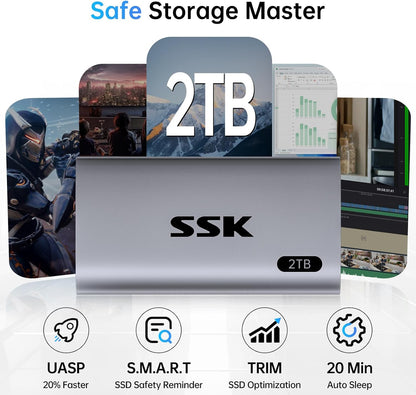 SSK 2TB SSD External Hard Drive, Portable SSD Up to 550MB/s Fast Solid State Drives, External Drive USB 3.2 Gen2 SSD for iPhone 15/Pro, Windows, Mac, Android with LED Light, Trim, Smart Supported