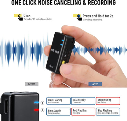 NEEWER CM28 Wireless Lavalier Microphone System with Charging Case, 2 Mic Clips, 1 Click Noise Canceling, 4GB Storage, 9H Playtime, Lavalier Lapel Mic Compatible with iPhone/Android/PC/Camera/iPad