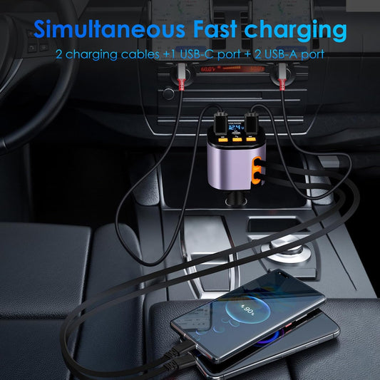 Retractable Car Charger,5 in 1 Fast Car Phone Charger 90W,Bluetooth 5.3 FM Transmitter Adapter,Handsfree Call,2 Retractable Cables and USB Cars Chargers for iPhone 15/14/13 (Purplr)