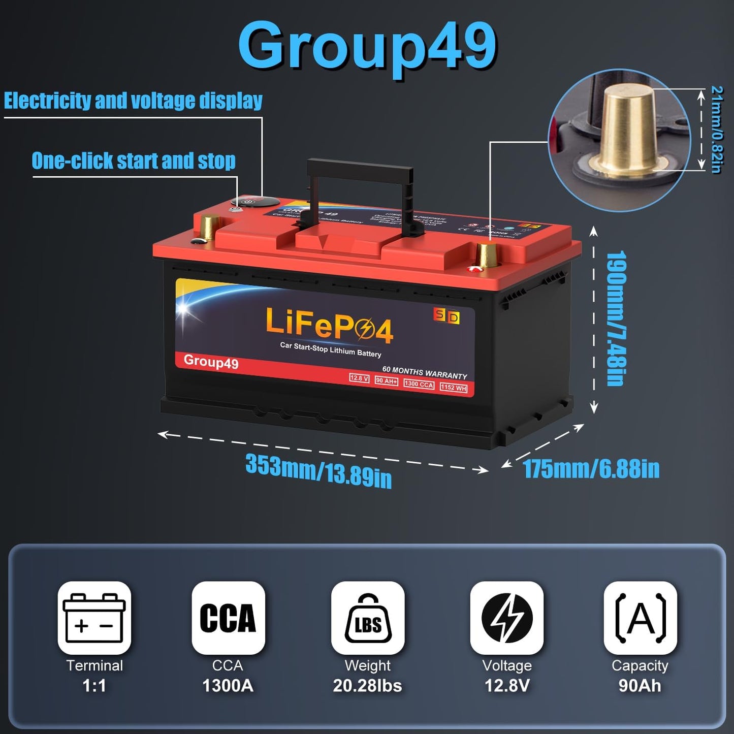 Car Battery GROUP 49 Start and Stop Lithium-ion Car Battery, 12.8V 90Ah 1300CCA LiFePO4 Automotive Battery For Car, With LED Display and Emergency Start Button 60 Months Warranty