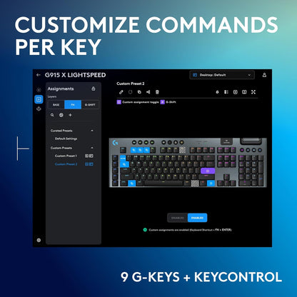 Logitech G915 X Lightspeed Wireless Mechanical Gaming Keyboard, Double-Shot PBT Keycaps, Fully Programmable Keys, RGB Backlit Mac/PC Gaming Keyboards, Aluminum Finish, GL Linear Switches, Black