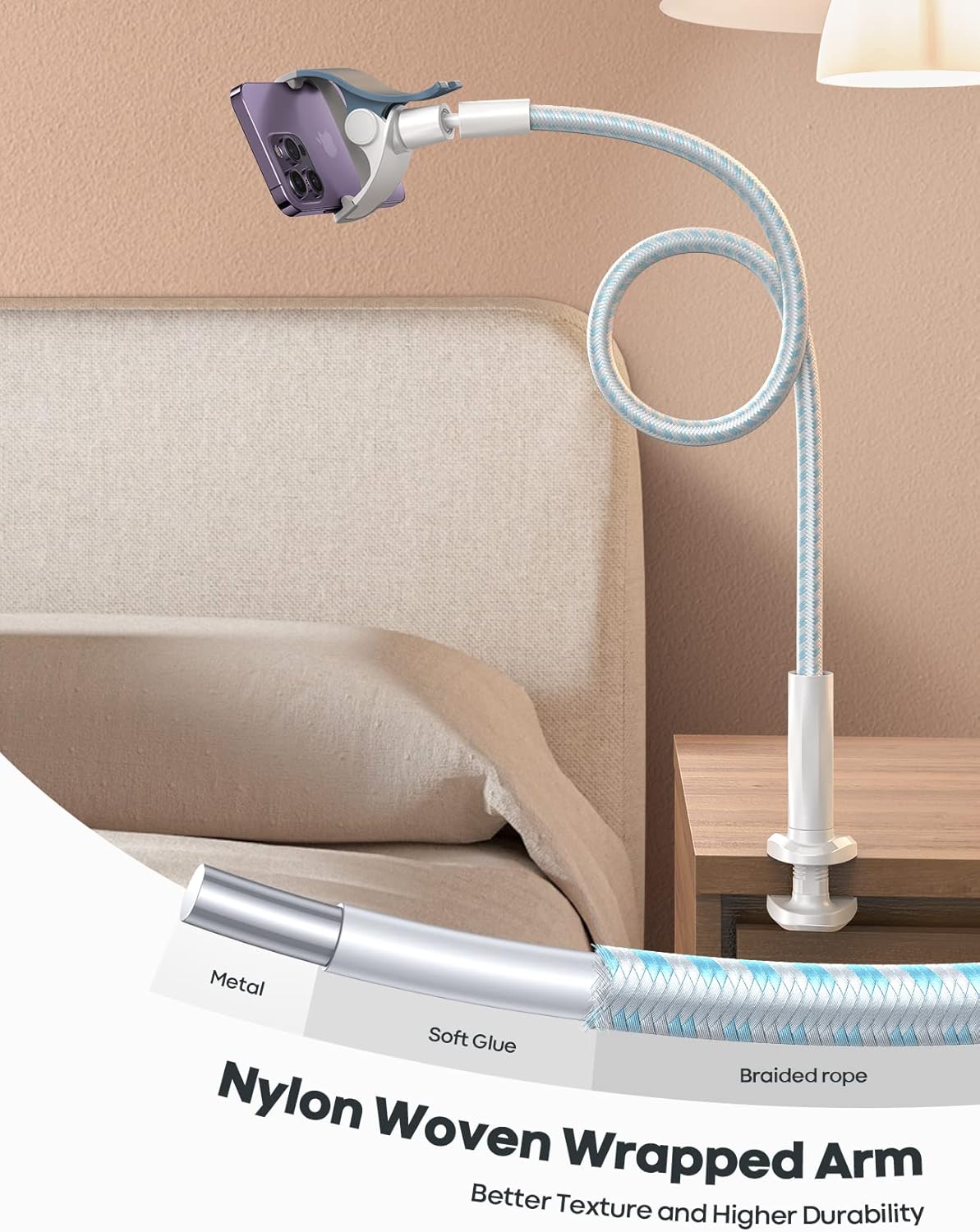 Lamicall Gooseneck Phone Holder Bed - [Nylon Braided] Flexible Arm, Overall Length 38inch, 360 Adjustable Clamp Clip, Overhead Cell Phone Mount Stand for Bed, Blue White