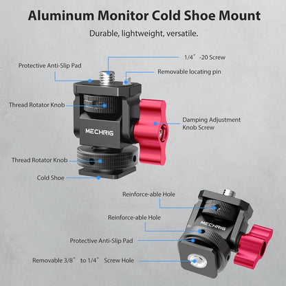 Mini Camera Monitor Mount with Cold Shoe, Aluminum Field Monitor Mount with 1/4″ Screw for LED Light Mic Cage, Cold Shoe Adapter 360° Swivel & 180° Tilt Damping (with Knob 63142)
