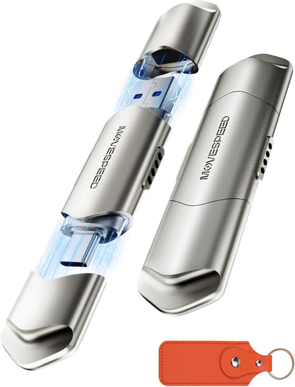 MOVE SPEED USB Drive 256GB External SSD 1000MB/s USB 3.2 Gen2+USB C Dual Ports Portable Zinc Alloy Thumb Drive Stick, External Drive with Metal Casing for iPhone 15/16/17 Series/Mac/Android Phone