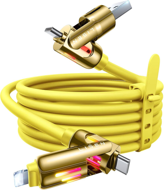 LISEN 6.6FT 240W 4-in-1 Multi Charging Cable, USB A/C to C/L, Yellow, for iPhone 16/15/14 Pro Max/MacBook/iPad Pro/Samsung Galaxy