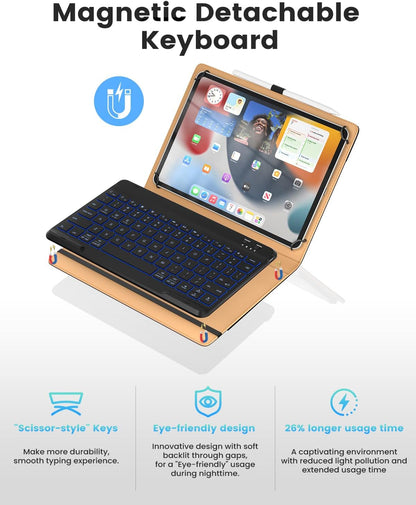 Leather Keyboard Case for 9",9.7",10.1",10.2",10.5",10.9",11" Tablets,7 Colors Backlit,Bluetooth Wireless Keyboard with Pocket Leather Folio Cover(Black)