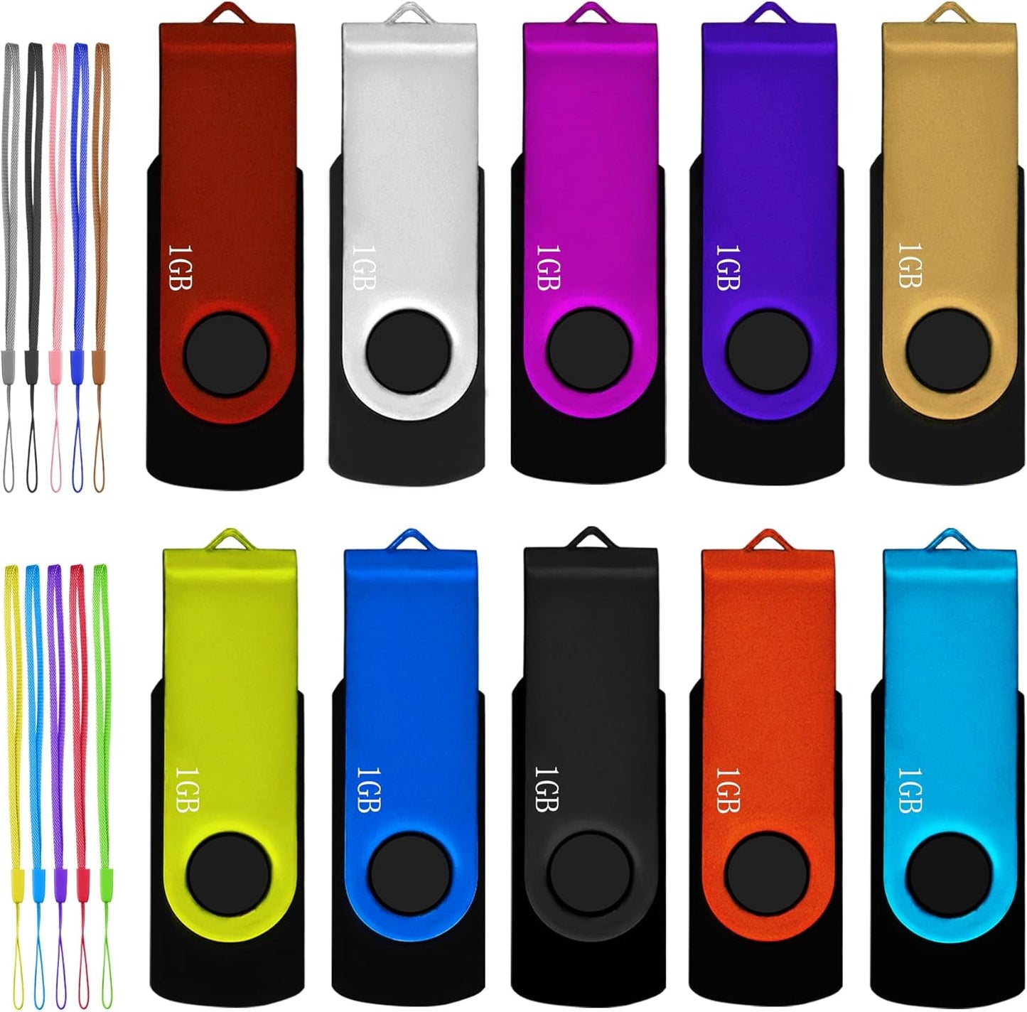 1GB USB Flash Drive 10 Pack, Nicepicten USB 2.0 Thumb Drives Zip Drive USB 1GB Memory Stick Swivel Pendrive Jump Drives Multipack with 10PCS Lanyard for Events Office (Colorful 10Pack 1 GB)