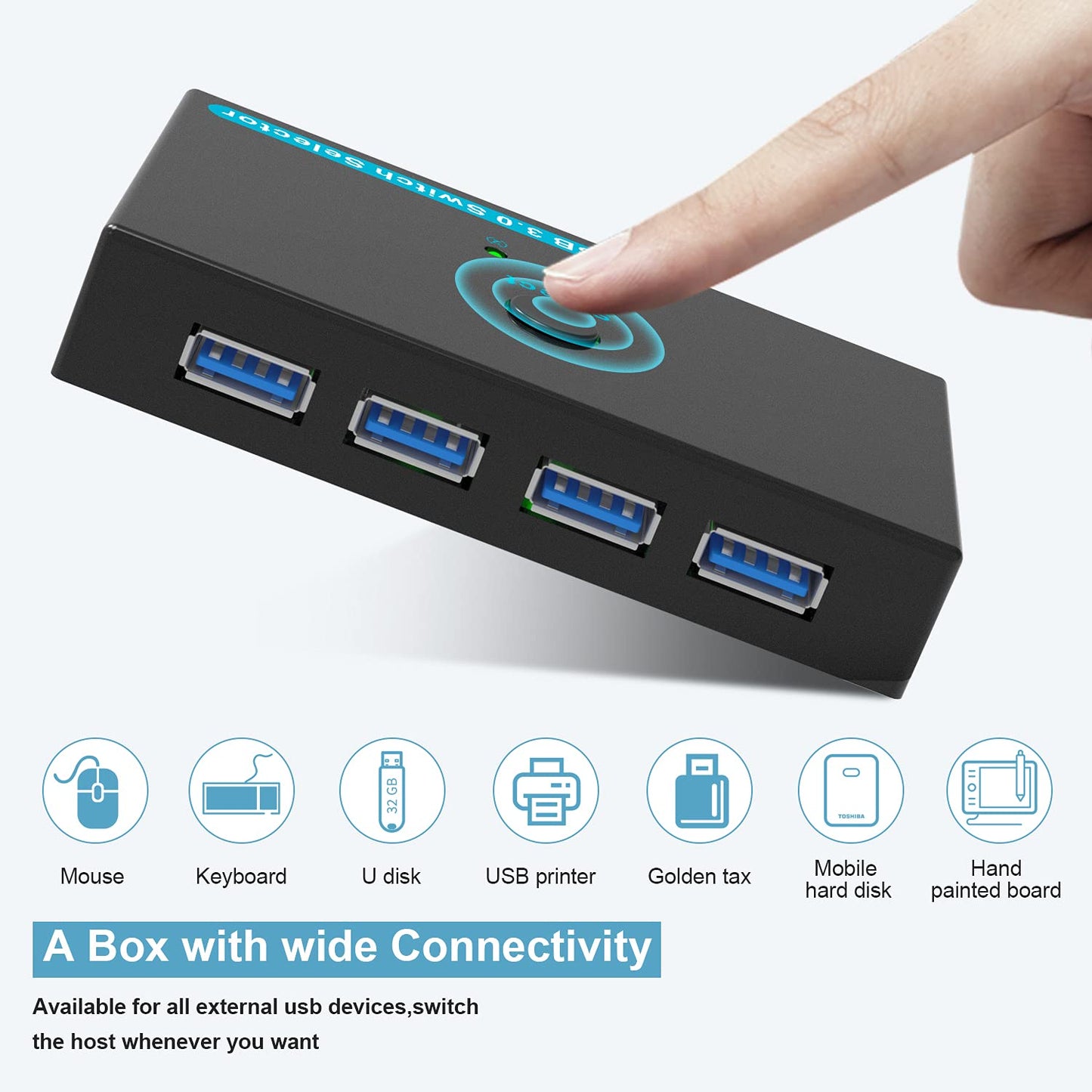 SGEYR USB 3.0 Switch USB Switcher 2 Computers Sharing 4 USB Devices USB Metal KVM Switch for Printer, Keyboard switches, Scanner PCs with One-Button Swapping and 2 Pack USB Cables