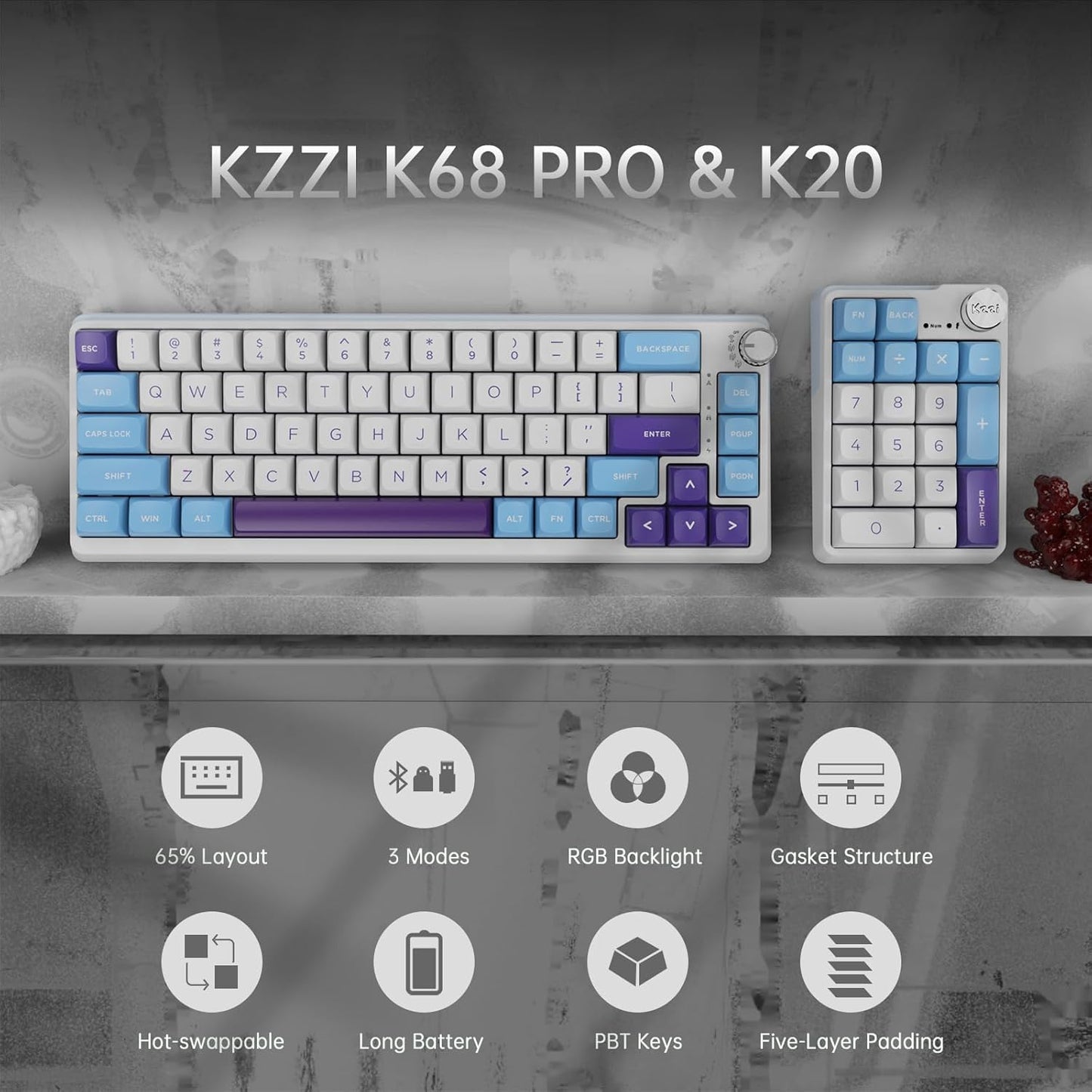 K68 Pro Gaming Keyboard, Layout Compact Wireless Mechanical Keyboard, Gasket Hot Swappable Custom BT 5.0/2.4G/USB-C Office Keyboard for Windows Mac (Blue-White, Eternity Tactile Switch)