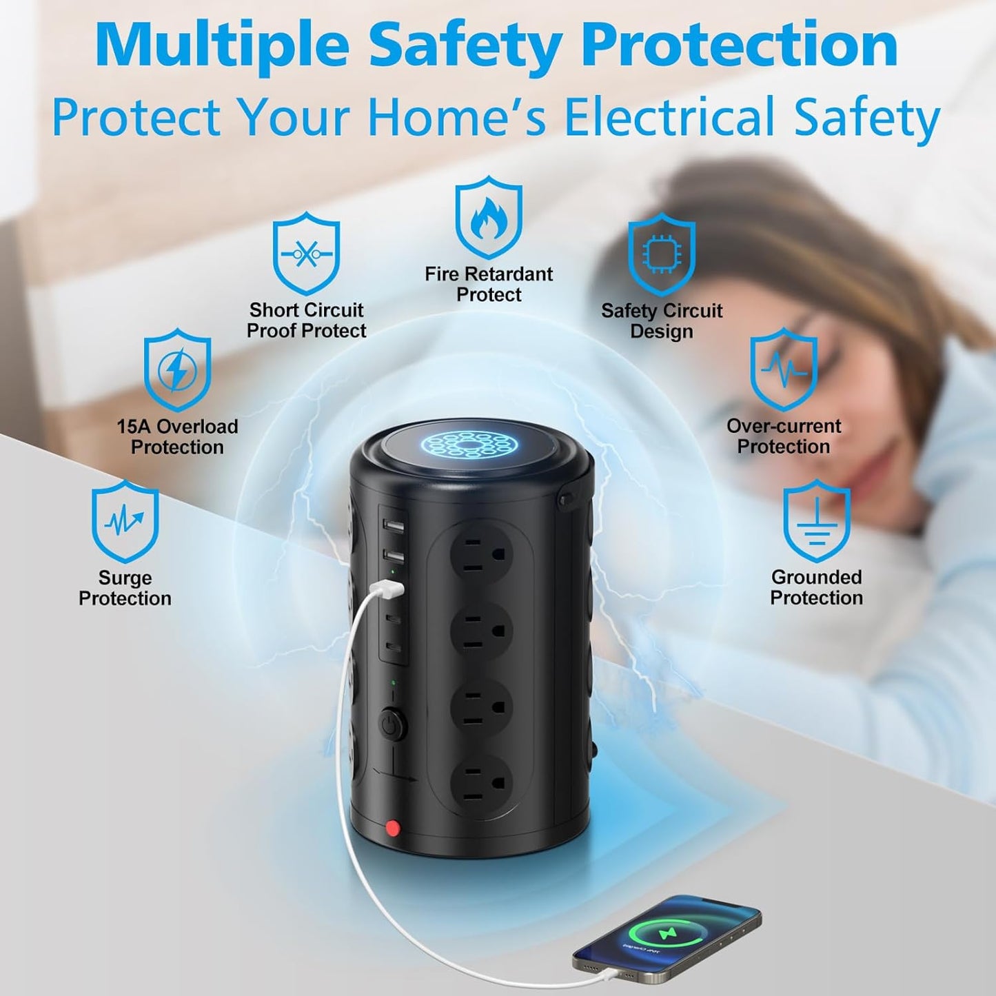 Power Strip Tower Surge Protector with 16 Outlets and 5 USB Ports (2 USB-C), 15FT Extension Cord with Multiple Outlets,Heavy Duty Charging Station,Home Office Dorm Room Essentials.