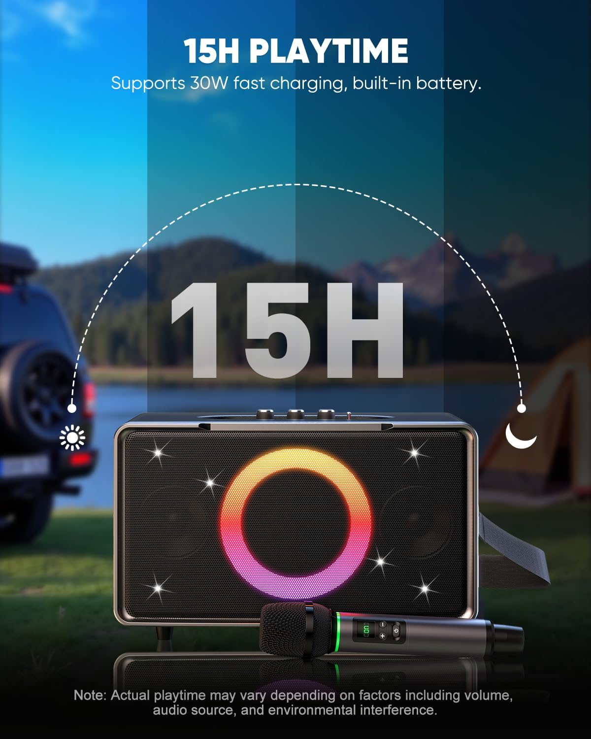 GFEEN Portable Bluetooth Speaker: 100W(160W Peak), 15H Playtime, Wireless Speakers with Microphone, 5″ Subwoofer, Loud Sound, Light Show, Fast Charging for Outdoor, Party, Backyard(Silver with 1Mic)