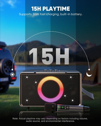 GFEEN Portable Bluetooth Speaker: 100W(160W Peak), 15H Playtime, Wireless Speakers with Microphone, 5″ Subwoofer, Loud Sound, Light Show, Fast Charging for Outdoor, Party, Backyard(Silver with 1Mic)