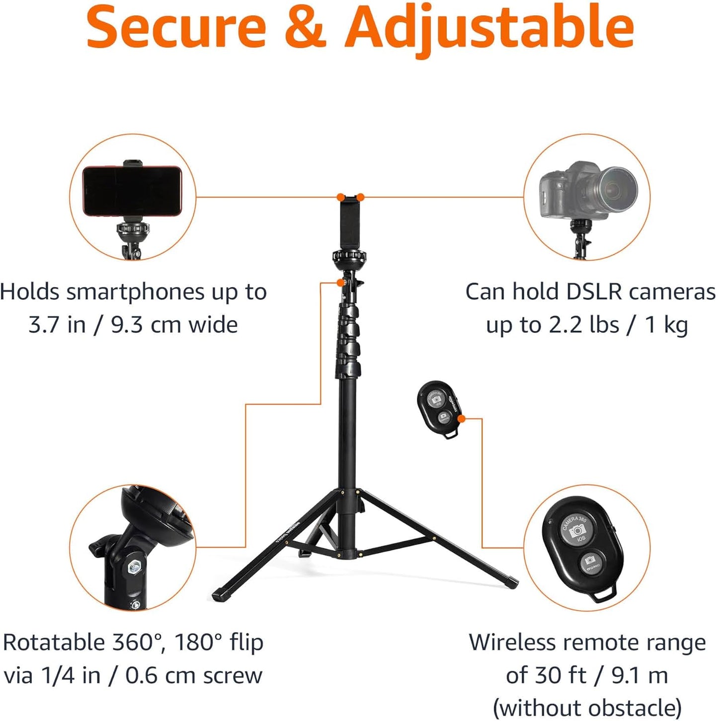 Amazon Basics 64-inch Extendable Tripod for iPhones and Smartphones, Selfie Stick Mode and Phone Tripod Mode, Black